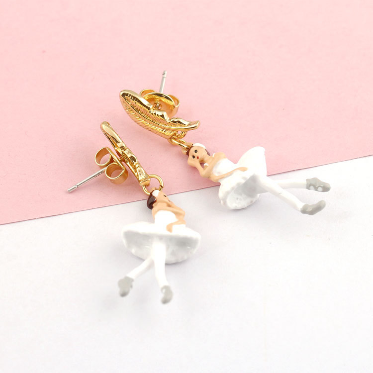 Golden Further Ballet Girl Enamel Earrings Jewelry Stud Clip Earrings