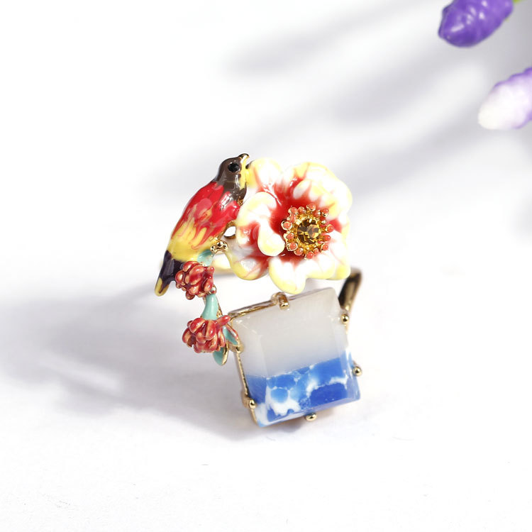 Bloom Peony Bird Gradient Colorful Stone Inlay Ring For Woman Adjustable Size