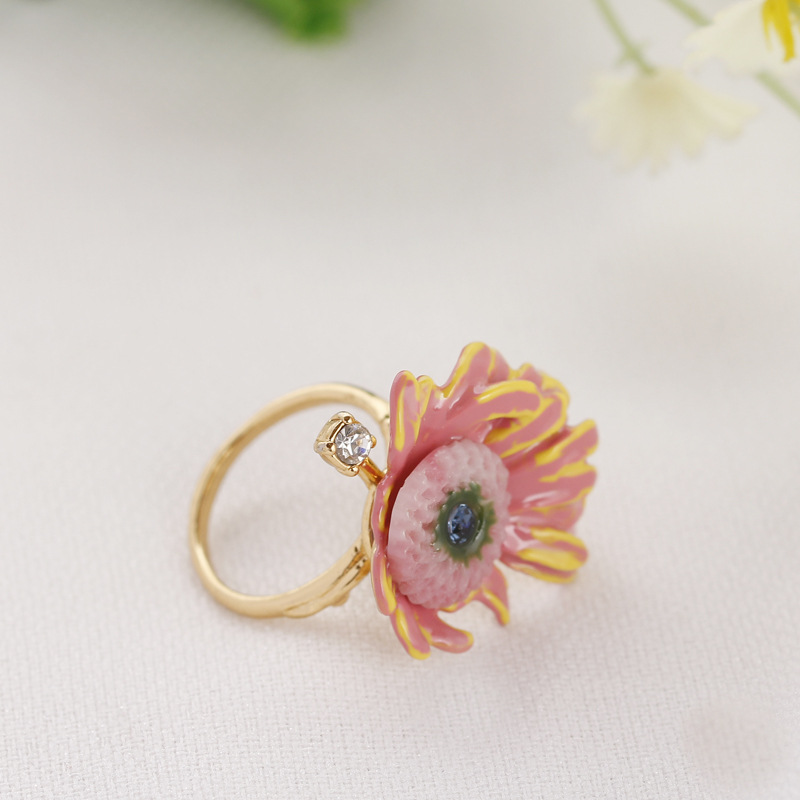 Hand Enamel Glaze Chrysanthemum Plated Really Gold Ring