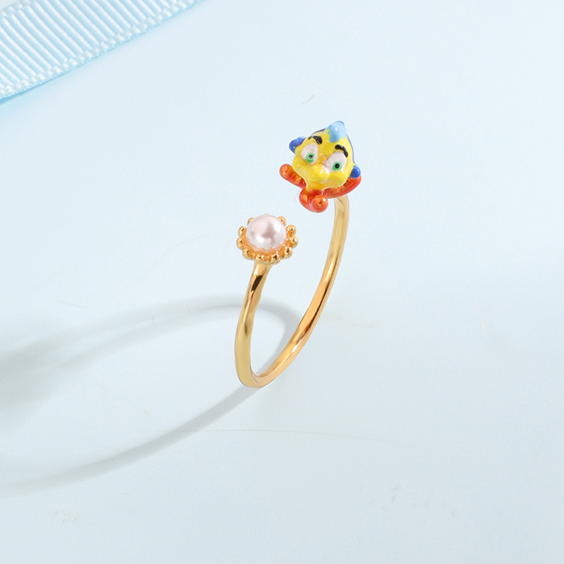 Hand Painted Enamel Artificial Pearls Cute Fish Ring Adjustable Size