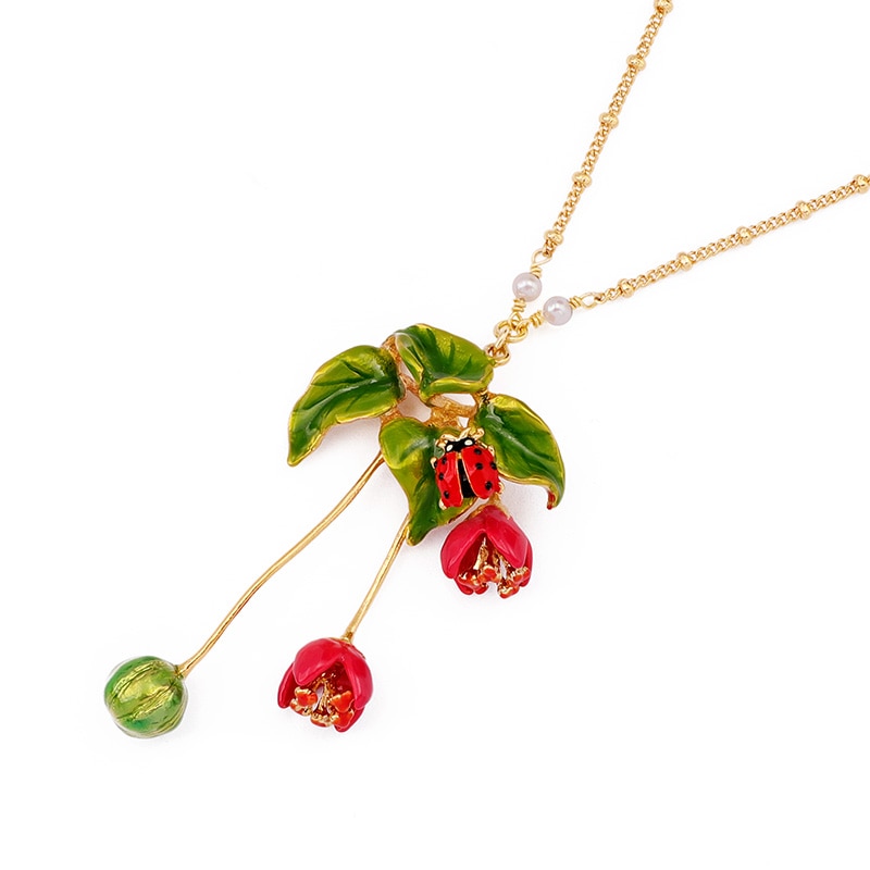 Hand Painted Enamel Flower Leaf Pendant Collarbone Necklace