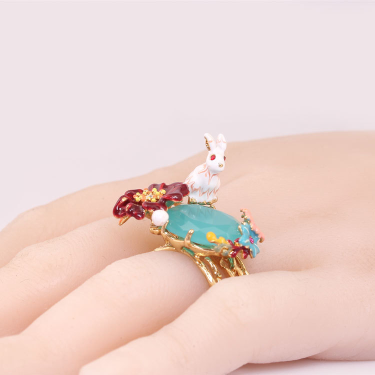 Rabbit On Blue Glass Stone Enamel Adjustable Ring