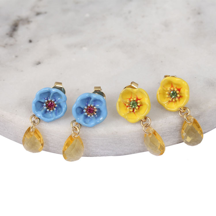 Blue Yellow Flower Enamel Earrings Jewelry Stud Earrings