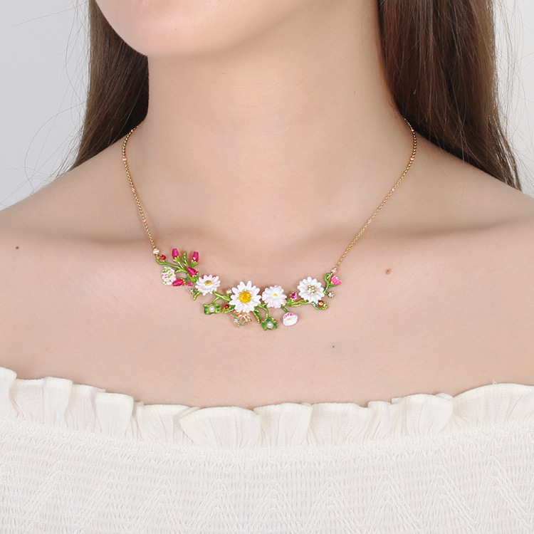 Daisy Ladybug And Crystal On A Flowering Branch Pendant Enamel Neclace