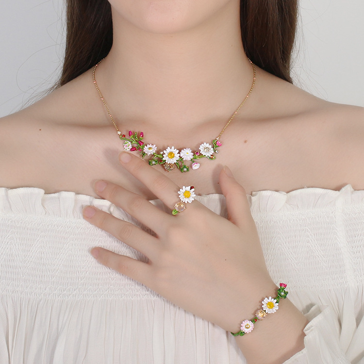 Daisy Ladybug And Crystal On A Flowering Branch Pendant Enamel Neclace