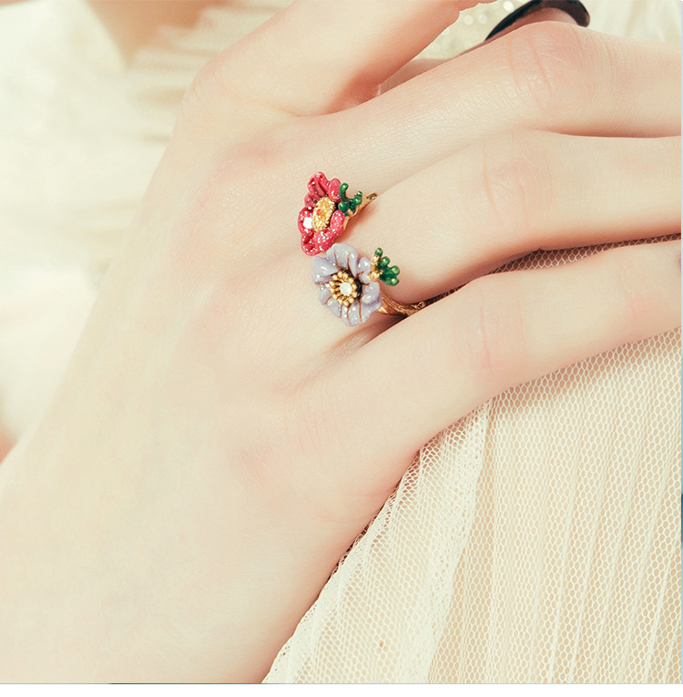 Flowers and Leaves Enamel Adjustable Ring