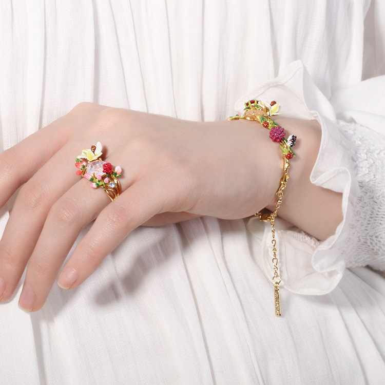 Flower and Stone Enamel Band Ring