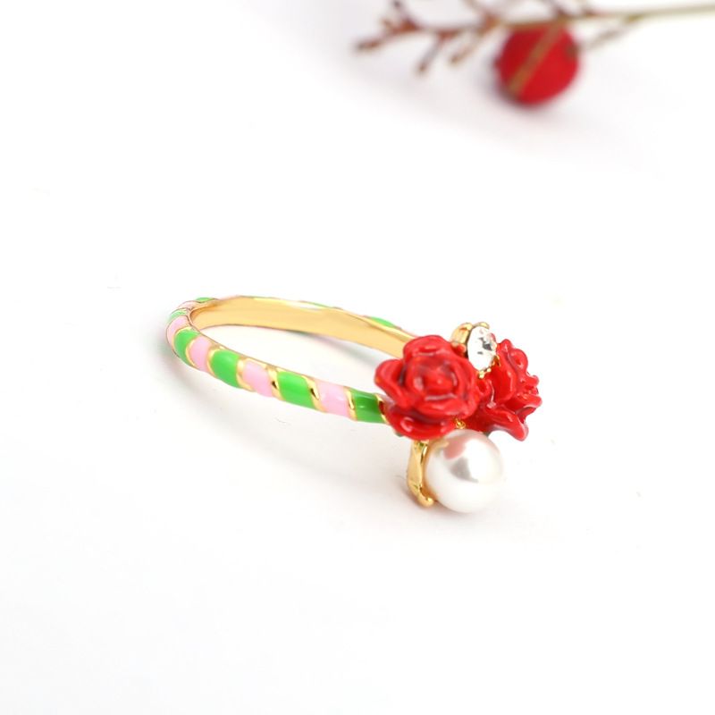 Hand Painted Enamel Glaze Red Flower Pearl Ring