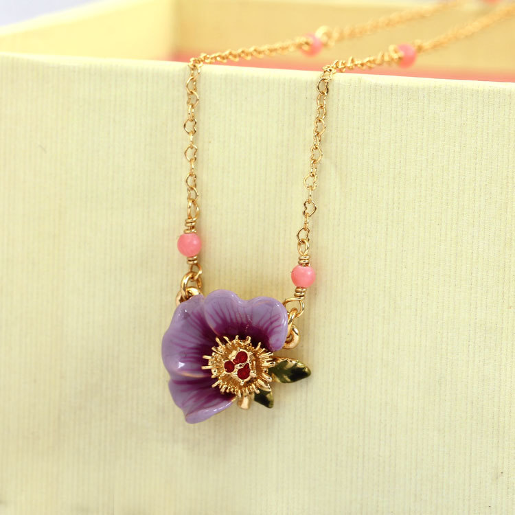 Hand Painted Enamel Glaze Purple Peony Flower Zircon Necklace