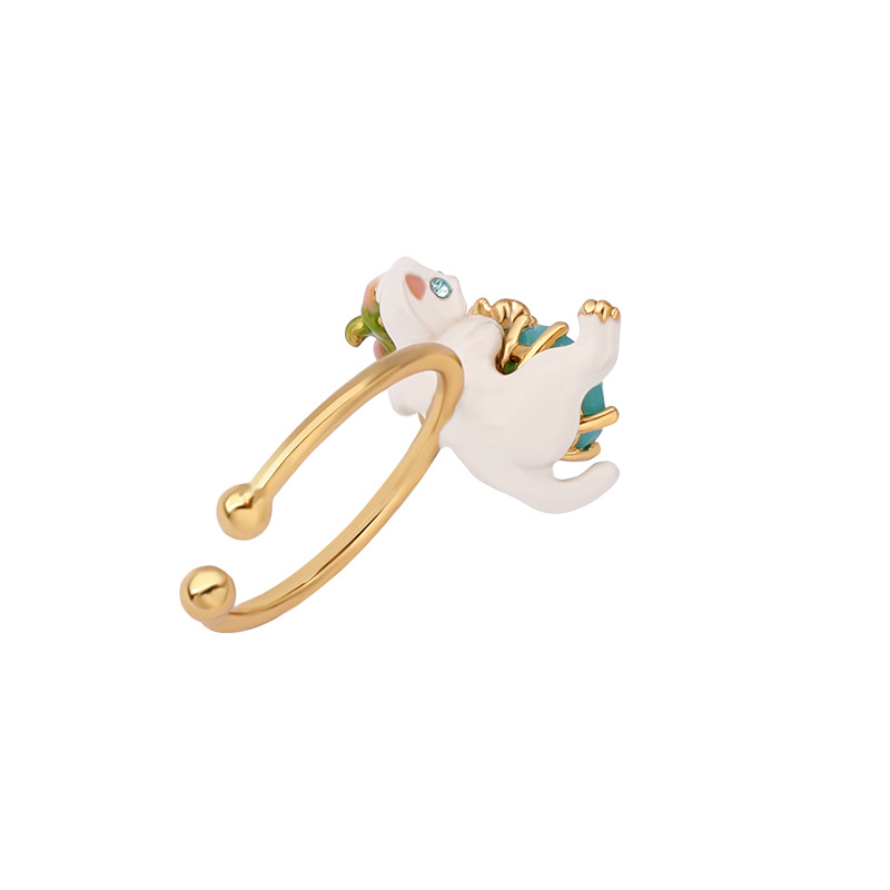 Hand Painted Enamel Glazed Cute White Kitten Gemstone Ring 18K Gold Plated Copper