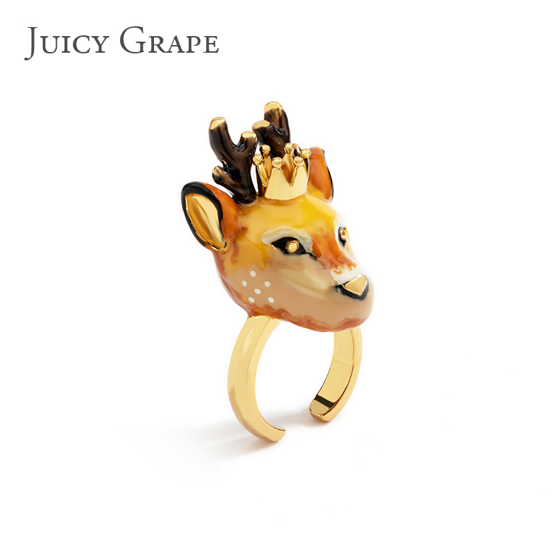 Hand Painted Enamel Glazed Deer Elk Adjustable Open Ring Gold Plated Copper