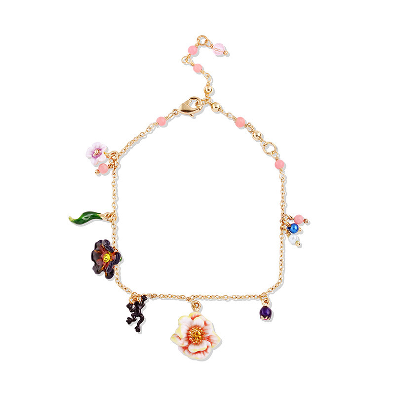 Hand Painted Enamel Glazed Flower Pendant Tassel Bracelet 18K Gold Plated Copper