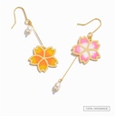 Hand Painted Enamel Glazed Asymmetric Cherry Blossoms Flower Natural Pearl Hook Earrings