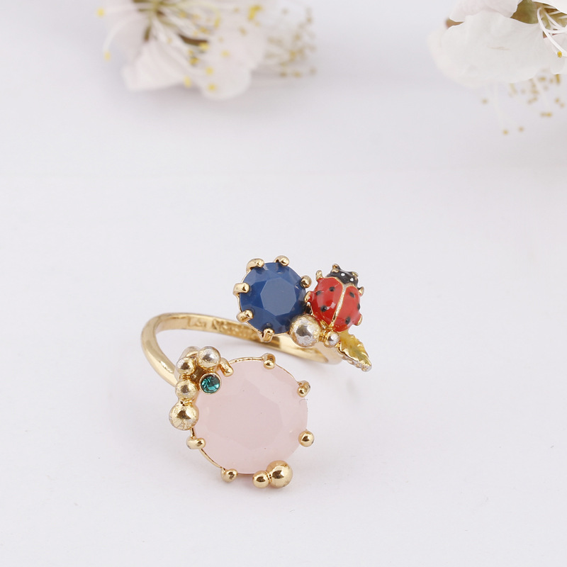 Ladybug And Pink Blue Stone Enamel Adjustable Ring