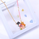 Hand Painted Enamel Pink Flowers Cute Animal Kitten Necklace