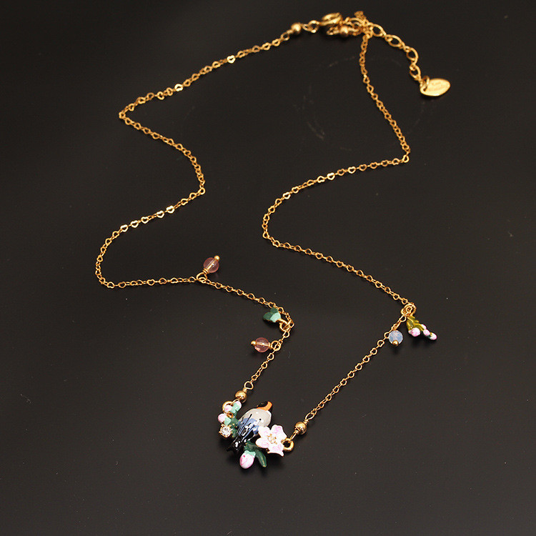 Handmade Enamel Romantic Cherry Blossoms Birds Gilded Necklace Clavicle Chain