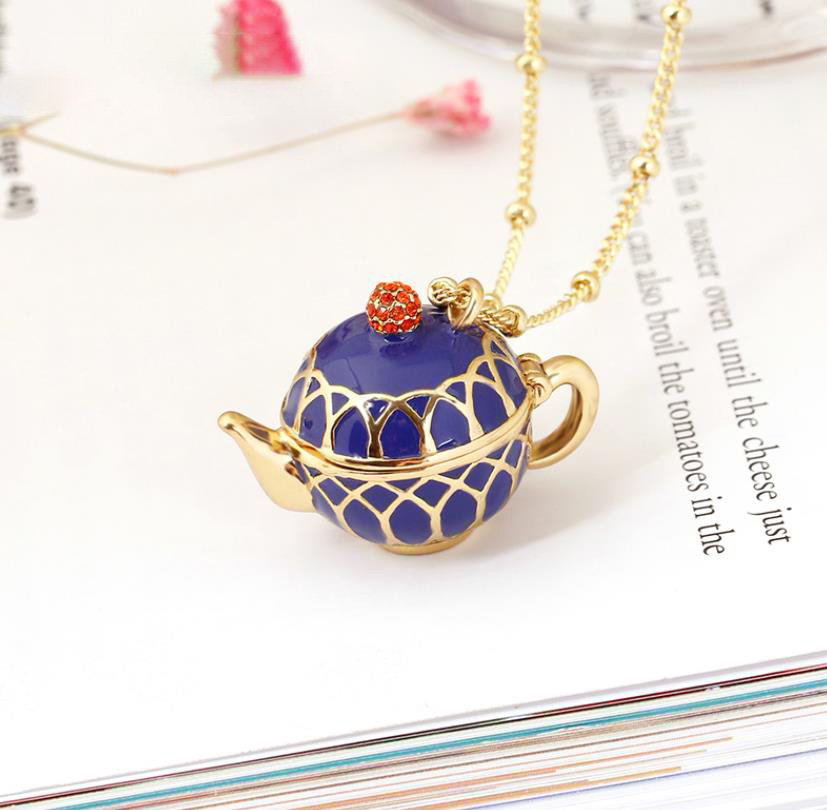 Teapot Pendant Sweater Long Chain Enamel Necklace