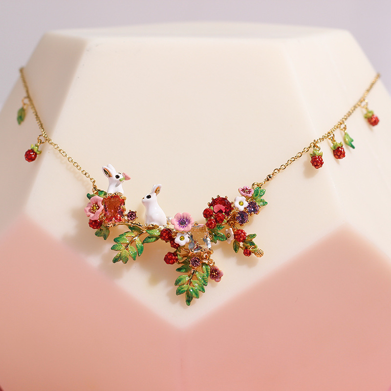 Rabbit Bunny On A Flowering Branch And Crystal Enamel Necklace