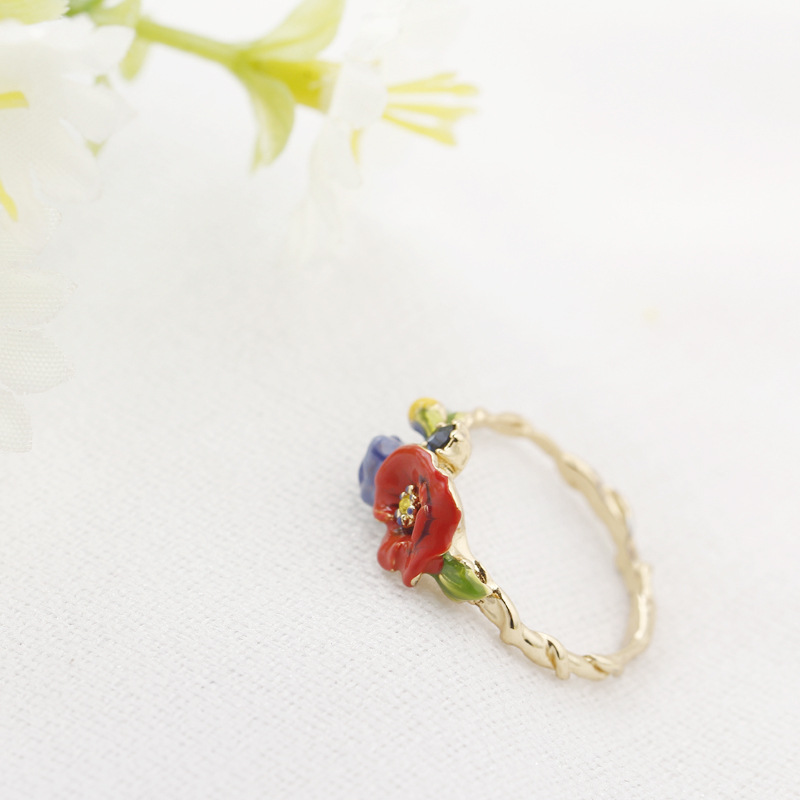 Flower And Crystal Enamel Ring