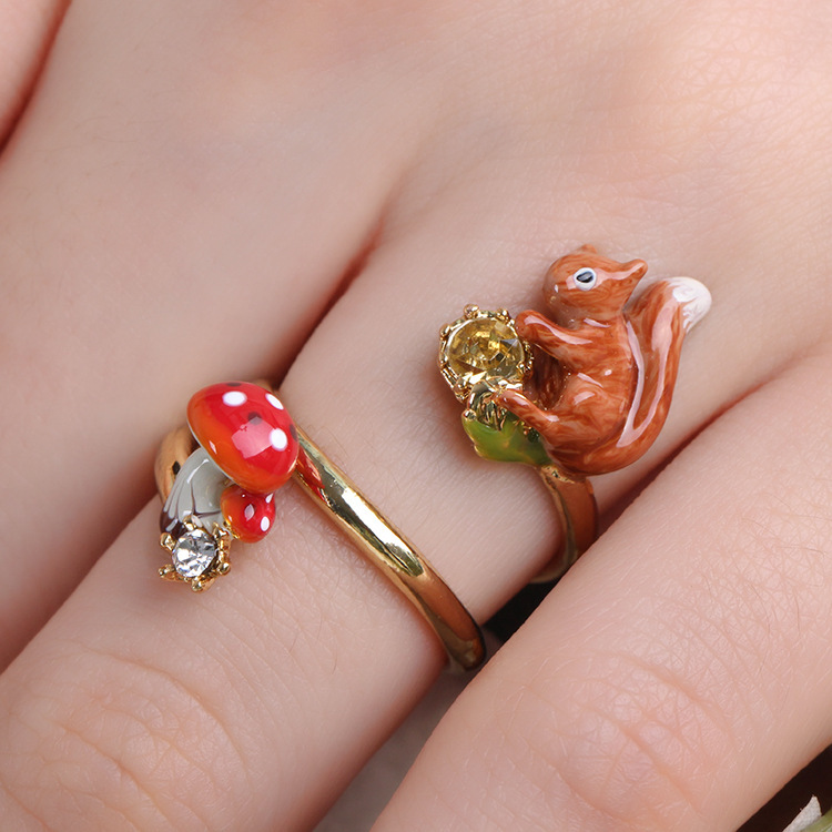 Squirrel Mushroom And Crystal Enamel Adjustable Helix Ring