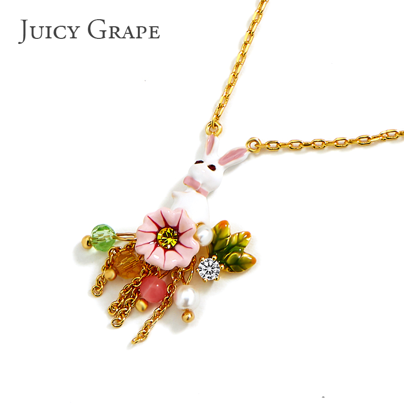 Hand Painted Enamle Glazed Rabbit Flower Mushroom Inlaid Gem Necklace