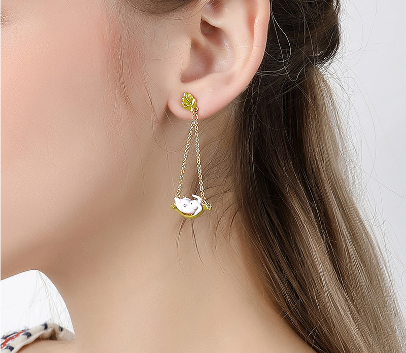 Cute Rabbit Bunny And Leaf Enamel Stud Dangle Earrings Jewelry Gift