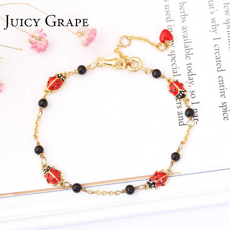 Ladybug Beads Red Heart Gold Plated Jewelry Enamel Bracelet