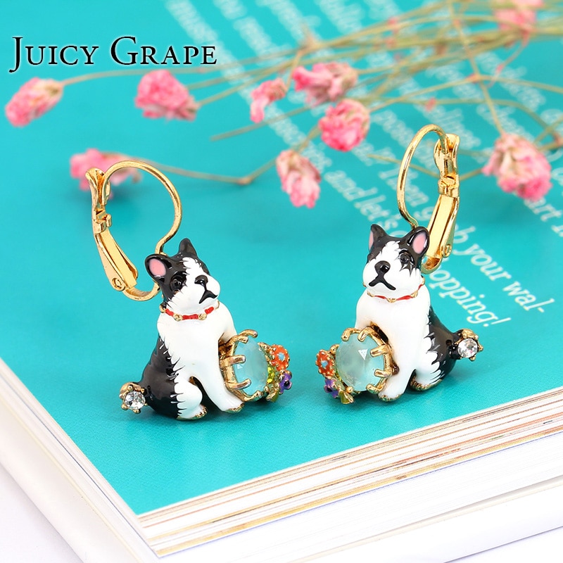 Lovely Bulldog Gem Enamel Earrings Jewelry Hook Earrings