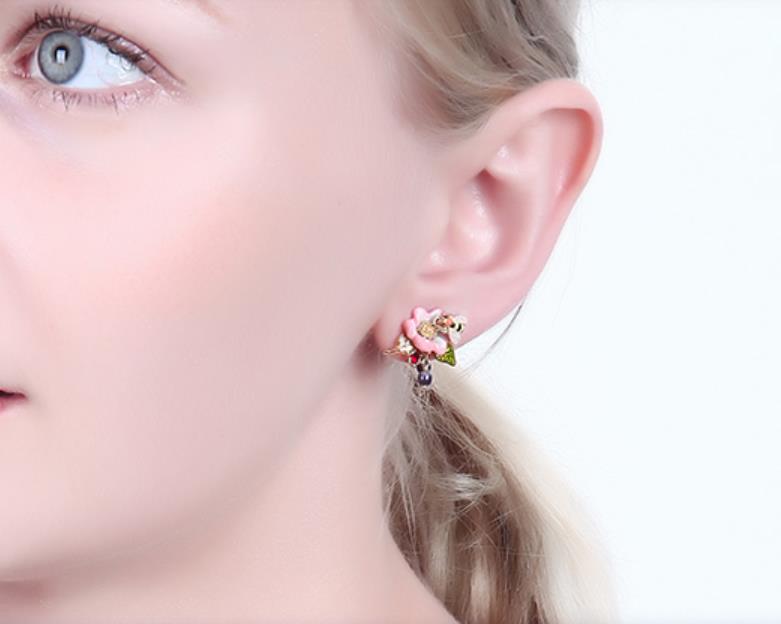 Pink Flower Bee Beads Asymmetry Enamel Earrings Jewelry Stud Earrings