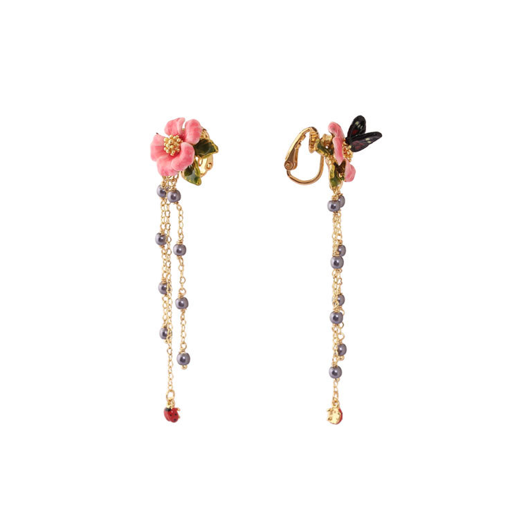 Pink Flower Butterfly Long Tassel Enamel Earrings Jewelry Stud Clip Earrings