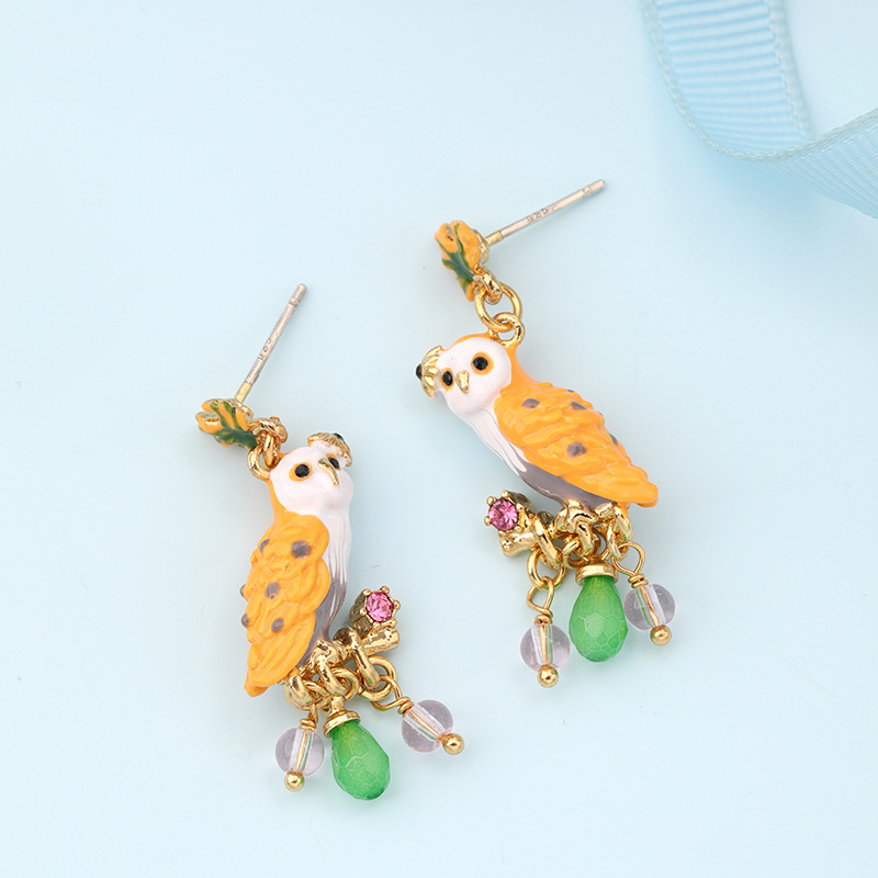 Owl Maple Leaf Enamel Earrings