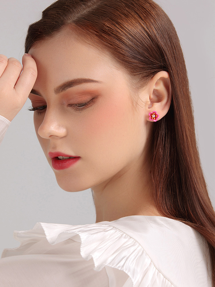 Pink Blossom Flower Hand Painted Enamel Stud Earrings