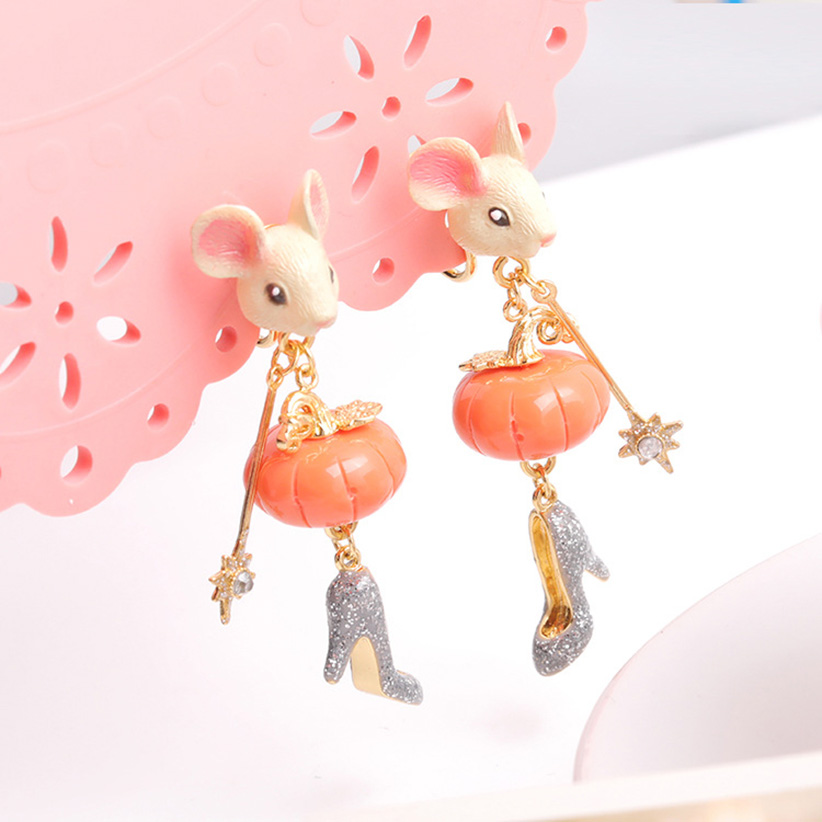 Mouse Numpkin Crystal Shoes Enamel Earring Stud Clip Earring