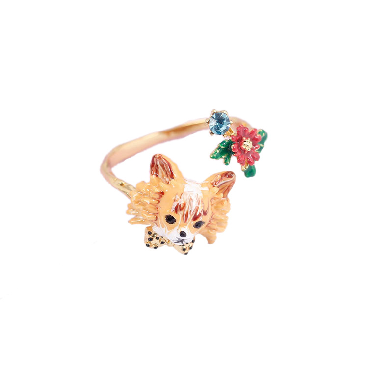 Autumn Winter Series Chihuahua Cute Dog Flower Enamel Ring