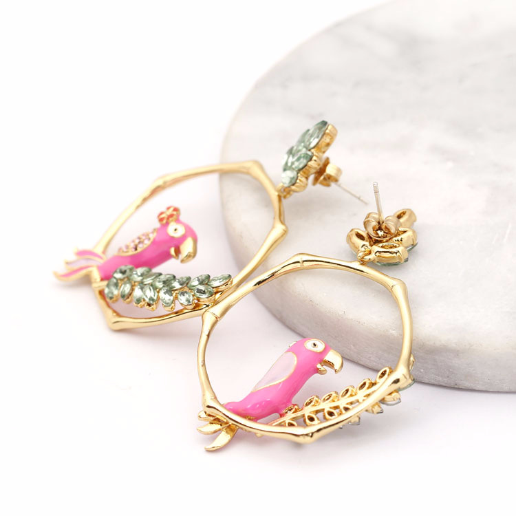 Pink Parrot Crystal Leaves Enamel Earrings Jewelry Stud Earrings