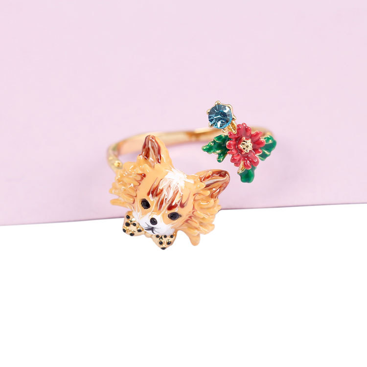 Autumn Winter Series Chihuahua Cute Dog Flower Enamel Ring