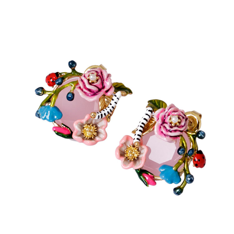 Caterpillar  Pink Flower Gem Enamel Earrings Jewelry Stud Earrings