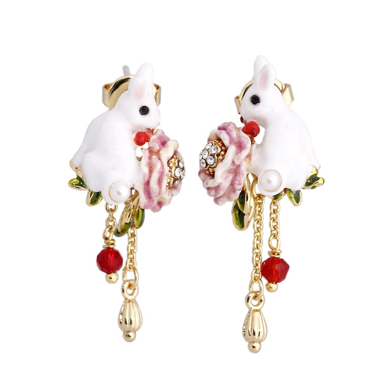 Rabbit Flower Tassel Enamel Earrings Jewelry Stud Clip Earrings