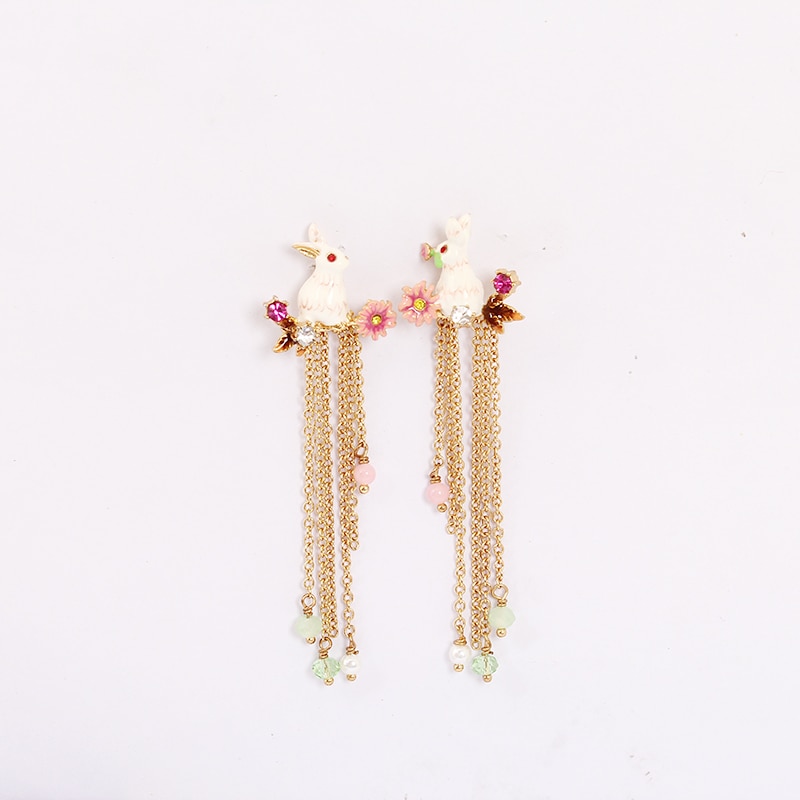 Rabbit Long Tassel Enamel Earrings Jewelry Stud Earrings