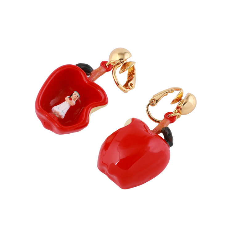 Red Apple Asymmetry Enamel Earrings Jewelry Stud Clip Earrings