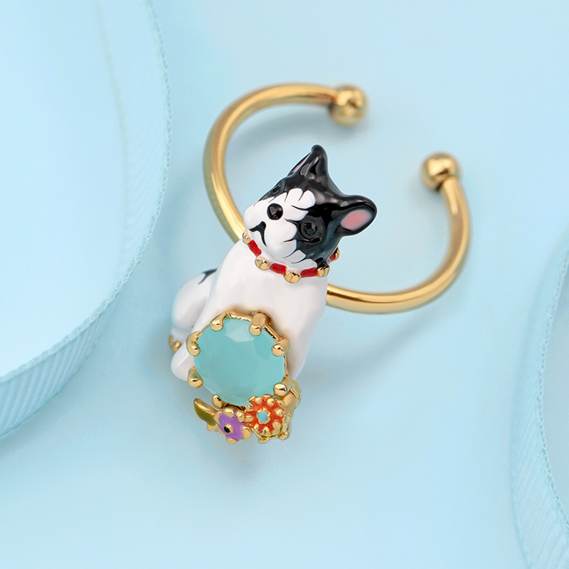 Bulldog On Faceted Crystal Enamel Adjustable Ring