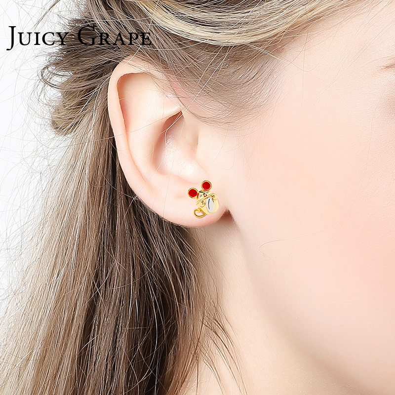 Red Mouse for Chinese Zodiac Mouse Year 2020 Stud Earrings 925 Silver Needle