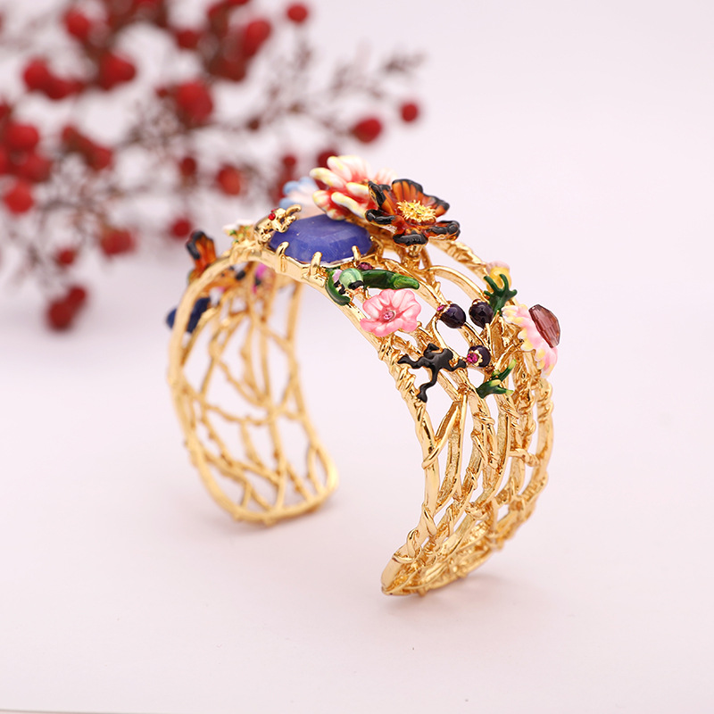 Flower And Stone Enamel Bangle Bracelet