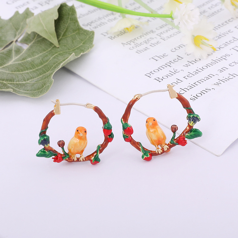 Small Bird Garland Enamel Earrings Stud Clip Earrings