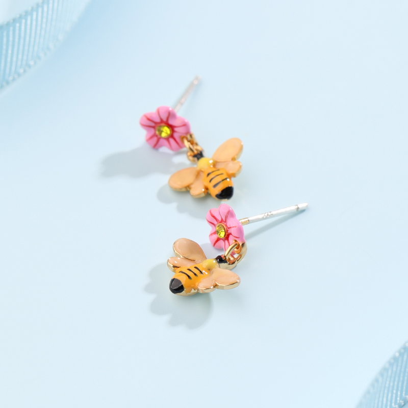 White Pink Flower Bee Enamel Earrings Jewelry Stud Earrings