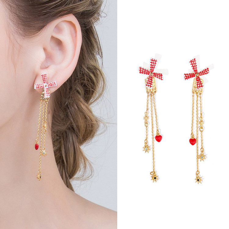 Windmill Red Heart Long Tassel Enamel Earrings Jewelry Stud Earrings