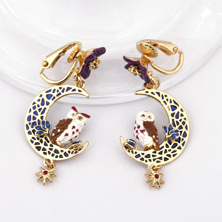 Asymmetrical Owl On Moon Enamel Earrings