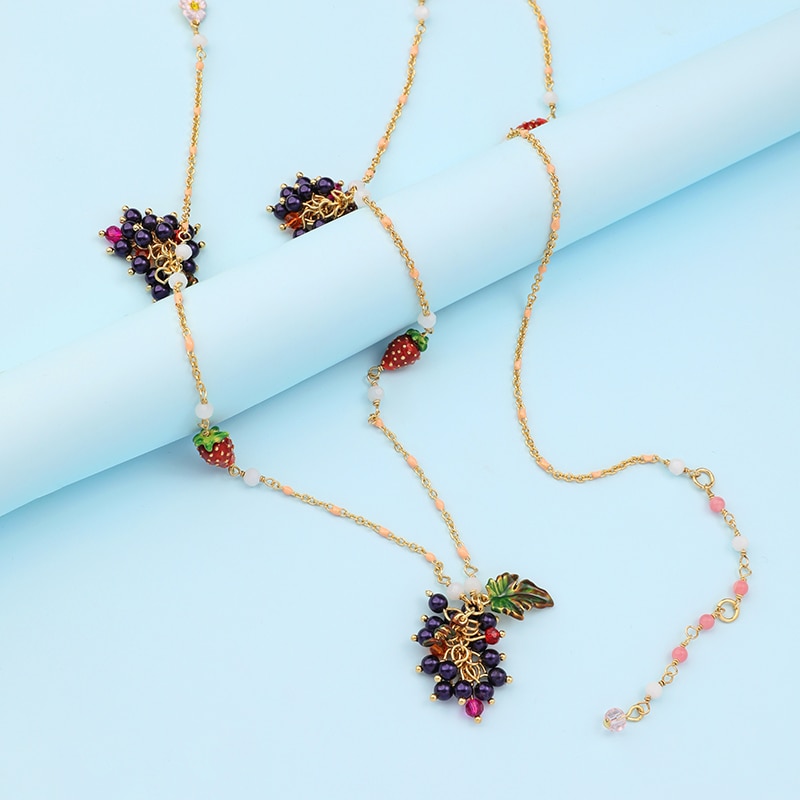 Strawberry Leaf Grape Pendant Enamel Gold Plated Chain Necklace