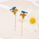 Blue Bird Tassel Enamel Earrings