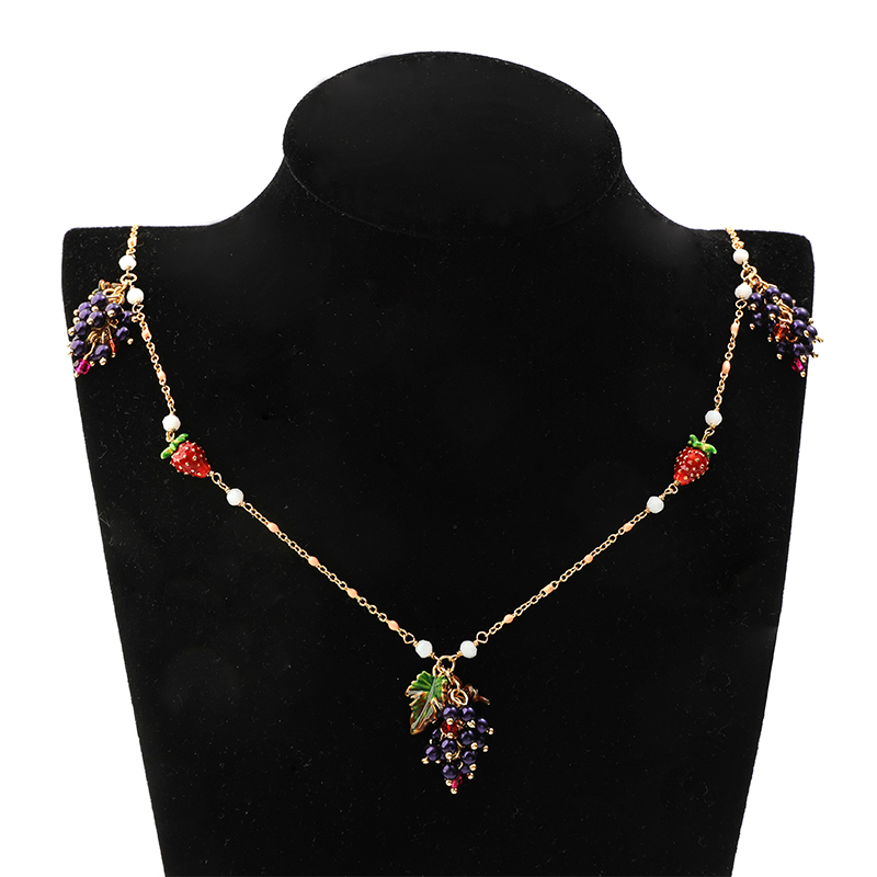 Strawberry Leaf Grape Pendant Enamel Gold Plated Chain Necklace